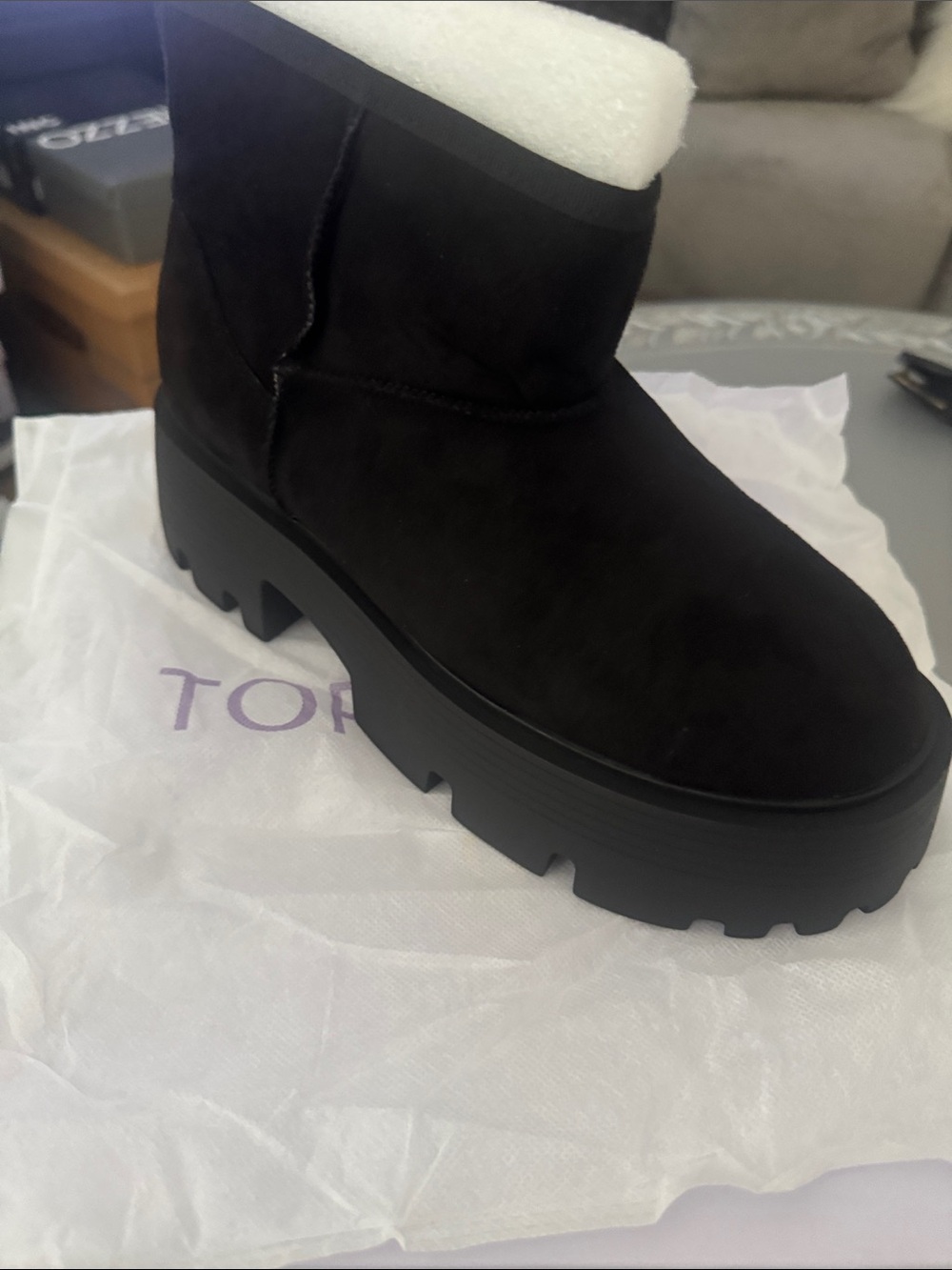 TOP Moda Black Suede Lug-Sole Ankle Bootie